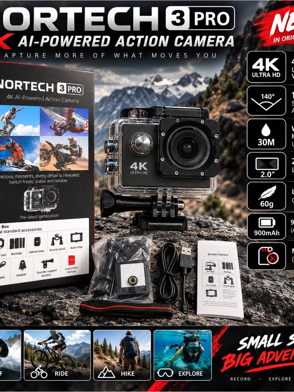 Nortech 3 Pro 4K AI-Powered Action Camera Waterproof 140° Wide Angle w/ Accessor